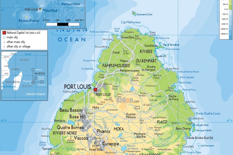 Mapa ostrova Mauricius