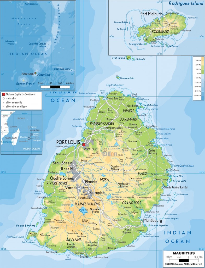 Mapa ostrova Mauricius