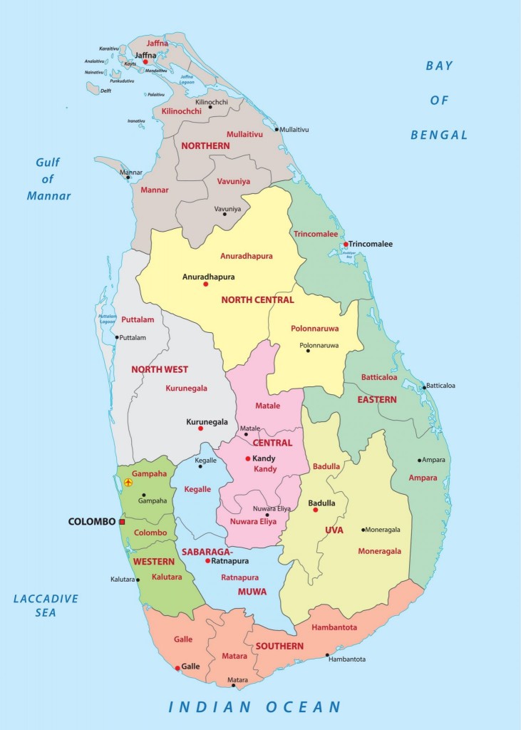 Mapa Srí Lanky s administrativním členěním země