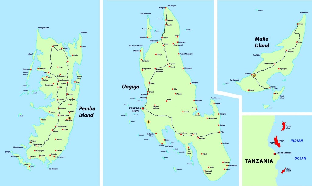 Mapa Zanzibaru, Pemby a ostrovu Mafia
