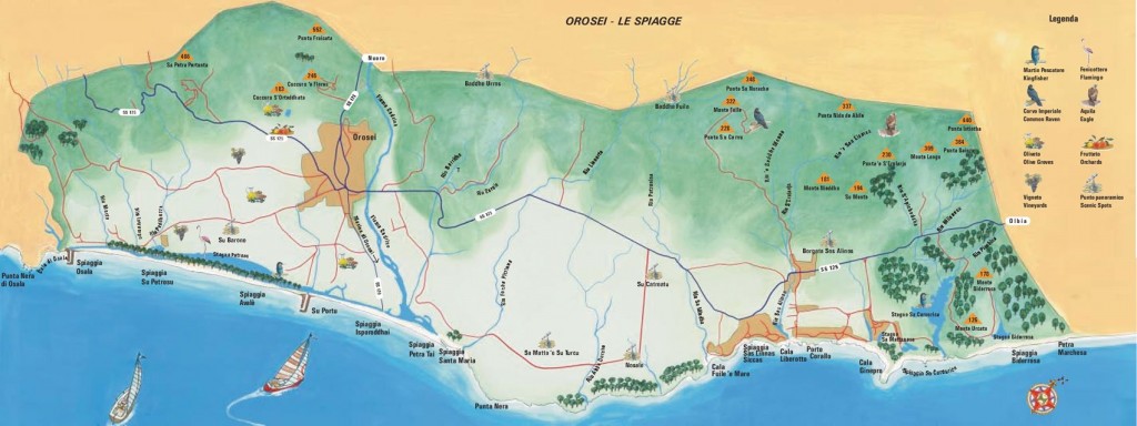 Mapka pláží okolo letoviska Orosei