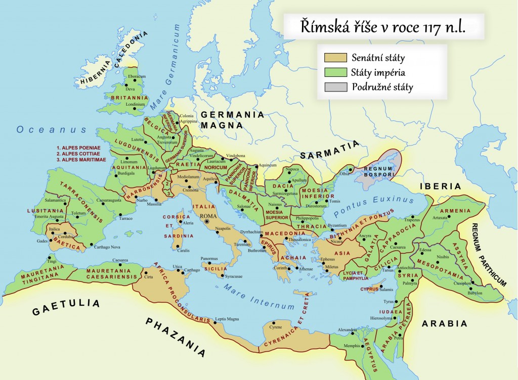 Mapa Říše římské v době největšího rozkvětu (rok 117 n.l.)